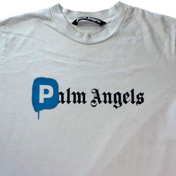 Palm Angels White T-Shirt With Blue & Black Print Short Sleeve Crew Neck Cotton - Picture 2 of 11